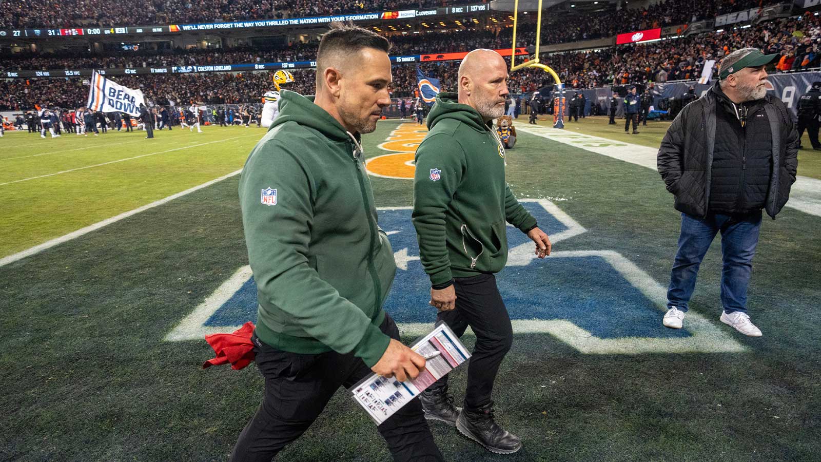 Green Bay Packers head coach Matt Lafleur walks off the field after their wild card playoff game Saturday, January 10, 2026 at Soldier Field in Chicago, Illinois. The Chicago Bears beat the Green Bay Packers 31-27.