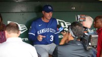 Kansas City Royals manager Matt Quatraro (33) speaks with the media prior to the start of a game against the Athletics at Sutter Health Park.
