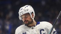 Toronto Maple Leafs forward Auston Matthews (34) during warm ups before the game against the Tampa Bay Lightning at Benchmark International Arena.