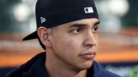 Houston Astros second baseman Mauricio Dubon (14) looks on before game two against the Texas Rangers in the ALCS for the 2023 MLB playoffs at Minute Maid Park.