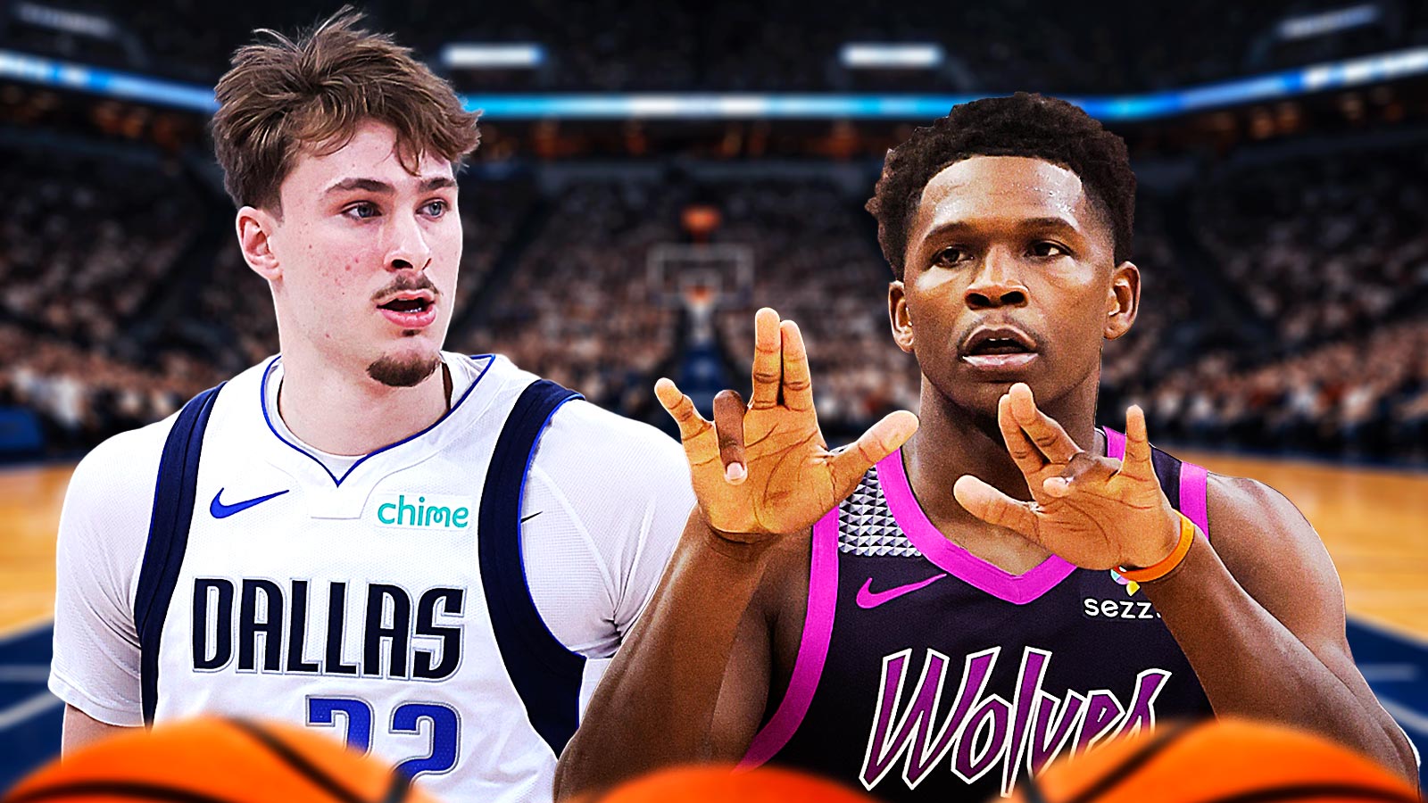 Cooper Flagg on one side - Anthony Edwards on the other side - Target Center in the background