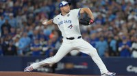 Toronto Blue Jays pitcher Max Scherzer (31) throws a pitch against the Los Angeles Dodgers in the first inning for game seven of the 2025 MLB World Series at Rogers Centre.