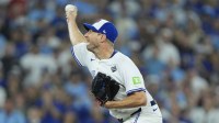 Toronto Blue Jays pitcher Max Scherzer (31) pitches against the Los Angeles Dodgers in the fourth inning during game seven of the 2025 MLB World Series at Rogers Centre.