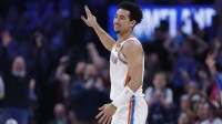 Oklahoma City Thunder guard Jared McCain (3) gestures after scoring against the Houston Rockets during the second half at Paycom Center.