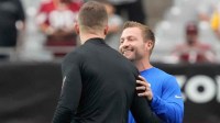 Arizona Cardinals head coach Kliff Kingsbury and Los Angeles Rams head coach Sean McVay greet each other before playing at State Farm Stadium. Nfl Los Angeles Rams At Arizona Cardinals