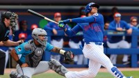 New York Mets left fielder Juan Soto (22) hits against the Miami Marlins during the first inning at Clover Park