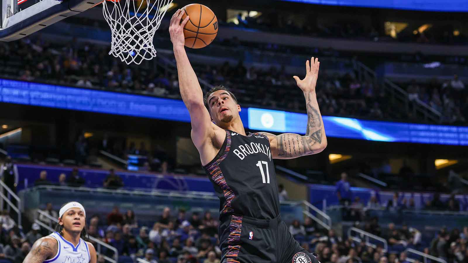 Brooklyn Nets forward Michael Porter Jr. (17) grabs a rebound during the first quarter against the Orlando Magic at Kia Center. 
