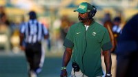 Aug 28, 2025; Norfolk, VA, USA; Norfolk State Spartans head coach Michael Vick looks on from the sidelines during the first half against the Towson Tigers at William Price Stadium.