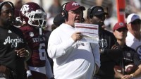 Texas A&M Aggies head coach Mike Elko reacts on the sideline during the second quarter against the South Carolina Gamecocks at Kyle Field.