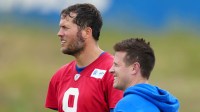 Los Angeles Rams quarterback Matthew Stafford (9) and offensive coordinator Mike LaFleur during organized team activities at Cal Lutheran.