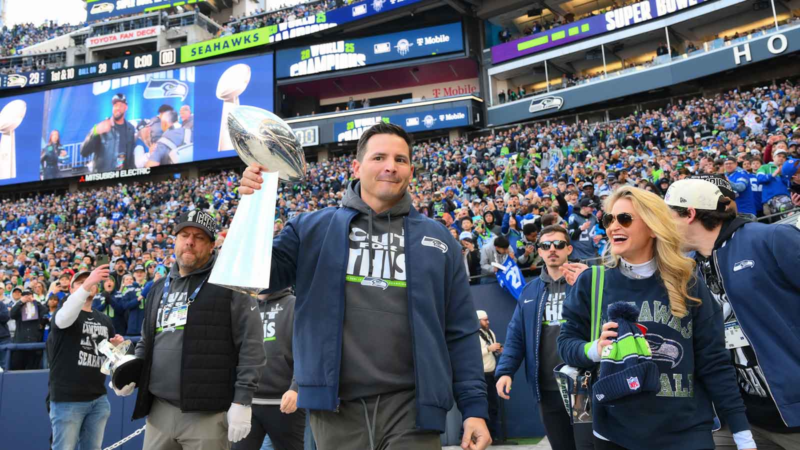 Seattle Seahawks head coach Mike MacDonald before the Super Bowl LX trophy presentation at Lumen Field.