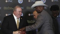 Pittsburgh Steelers former safety Mel Blount (right) interacts with Mike McCarthy (left) at a press conference announcing McCarthy as the new Pittsburgh Steelers head coach at PNC Champions Club at Acrisure Stadium..