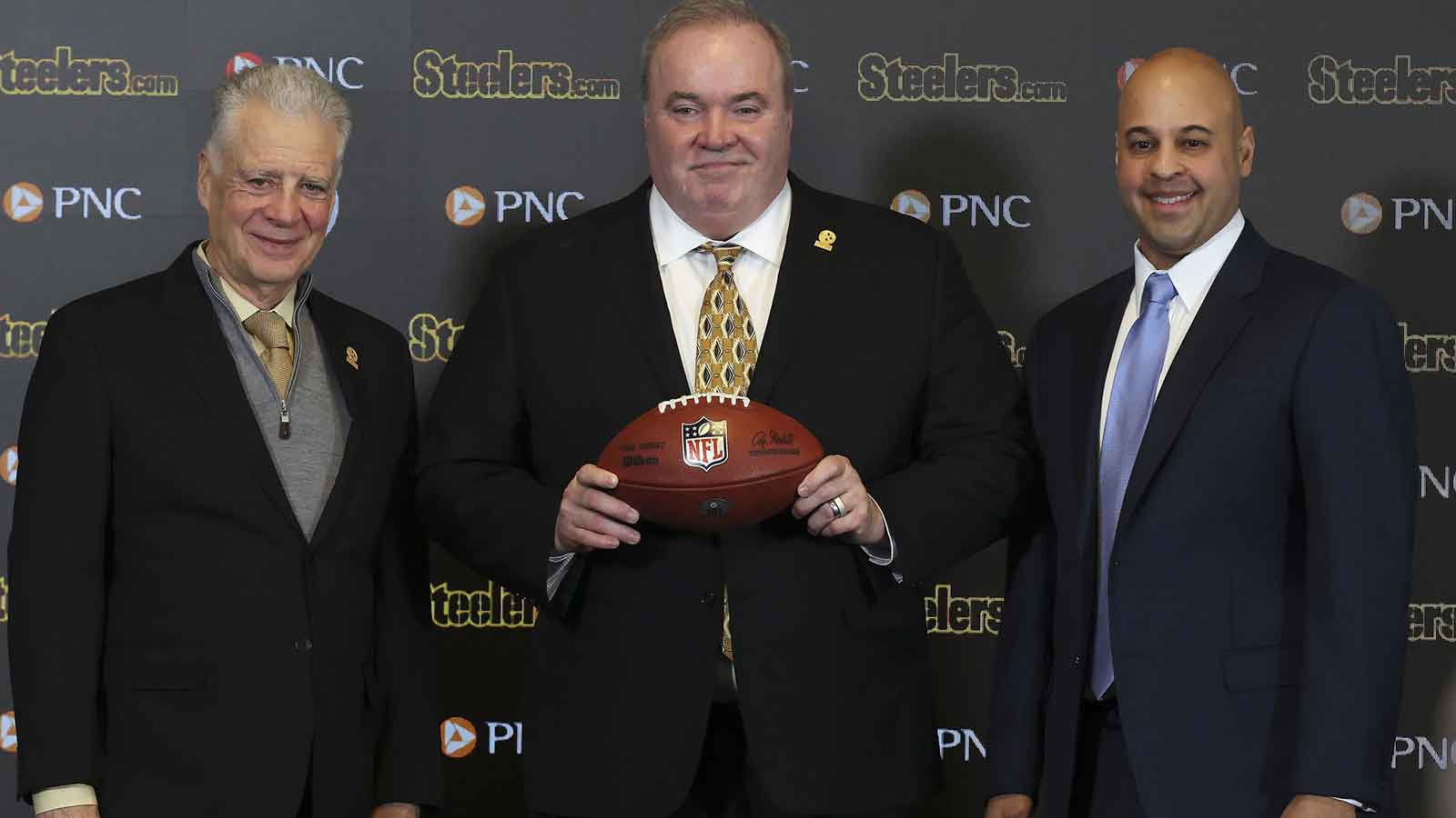 Pittsburgh Steelers owner Art Rooney II (left) and general manager Omar Khan (right) flank Mike McCarthy (middle) at a press conference announcing McCarthy as the new Pittsburgh Steelers head coach at PNC Champions Club at Acrisure Stadium.