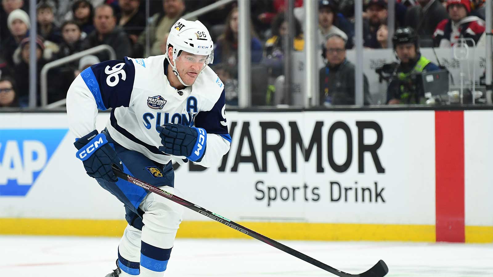 Team Finland forward Mikko Rantanen (96) skates with the puck during the second period in a 4 Nations Face-Off ice hockey game against Team Canada at TD Garden.