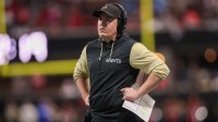 New Orleans Saints head coach Kellen Moore on the sideline against the Atlanta Falcons in the third quarter at Mercedes-Benz Stadium