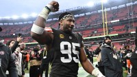 Cleveland Browns defensive end Myles Garrett (95) exits the field after the game against the Pittsburgh Steelers at Huntington Bank Field.