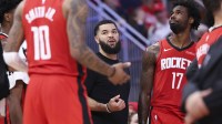 Houston Rockets guard Fred VanVleet (5) talks with teammates during the third quarter against the Detroit Pistons at Toyota Center.