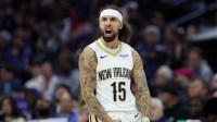 New Orleans Pelicans guard Jose Alvarado (15) reacts to his three pointer against the Philadelphia 76ers during the fourth quarter at Xfinity Mobile Arena.