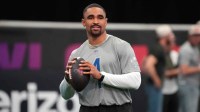 Philadelphia Eagles quarterrback Jalen Hurts (1) during NFC practice at the NFL Flag Fieldhouse at Moscone Center South Building.