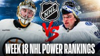 Andrei Vasilevskiy and Jeremy Swayman in image facing off with a VS. in between them , NHL logo in middle, Raymond James Stadium in background to represent NHL outdoor game, Text: Week 18 NHL Power Rankings