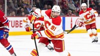 Calgary Flames forward Nazem Kadri (91) takes a shot on net during the first period of the game against the Montreal Canadiens at the Bell Centre.
