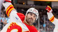 Calgary Flames center Nazem Kadri (91) celebrates his goal during the third period against the San Jose Sharks at SAP Center at San Jose.