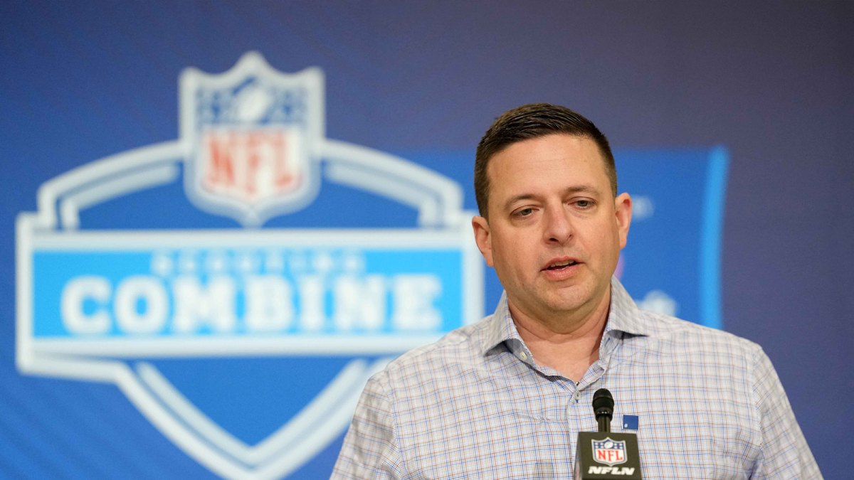New England Patriots general manager Eliot Wolf speaks at the NFL Scouting Combine at the Indiana Convention Center.