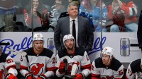 New Jersey Devils head coach Sheldon Keefe looks on in the third period against the Colorado Avalanche at Ball Arena.