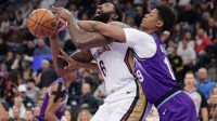 New Orleans Pelicans center DeAndre Jordan (6) is fouled by Utah Jazz forward Ace Bailey (19) during the first quarter at Delta Center. Mandatory Credit: Chris Nicoll-Imagn Images