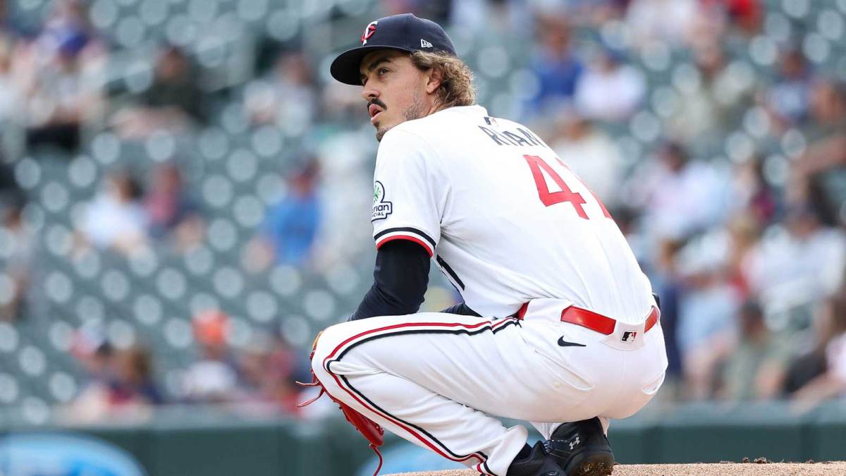 Minnesota Twins starting pitcher Joe Ryan (41) reacts to Cleveland Guardians catcher Bo Naylor’s (23) solo home run during the second inning of game one of a double header at Target Field.