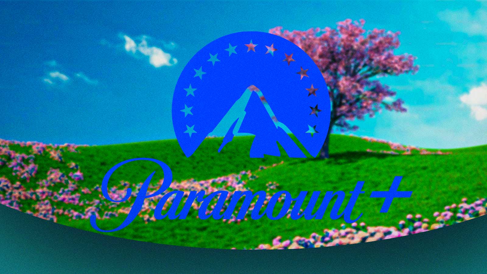 Paramount+ logo in front of springtime background to represent March.
