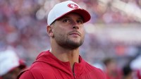 San Francisco 49ers defensive lineman Nick Bosa (97) watches from the sidelines in the first quarter against the Denver Broncos at Levi's Stadium