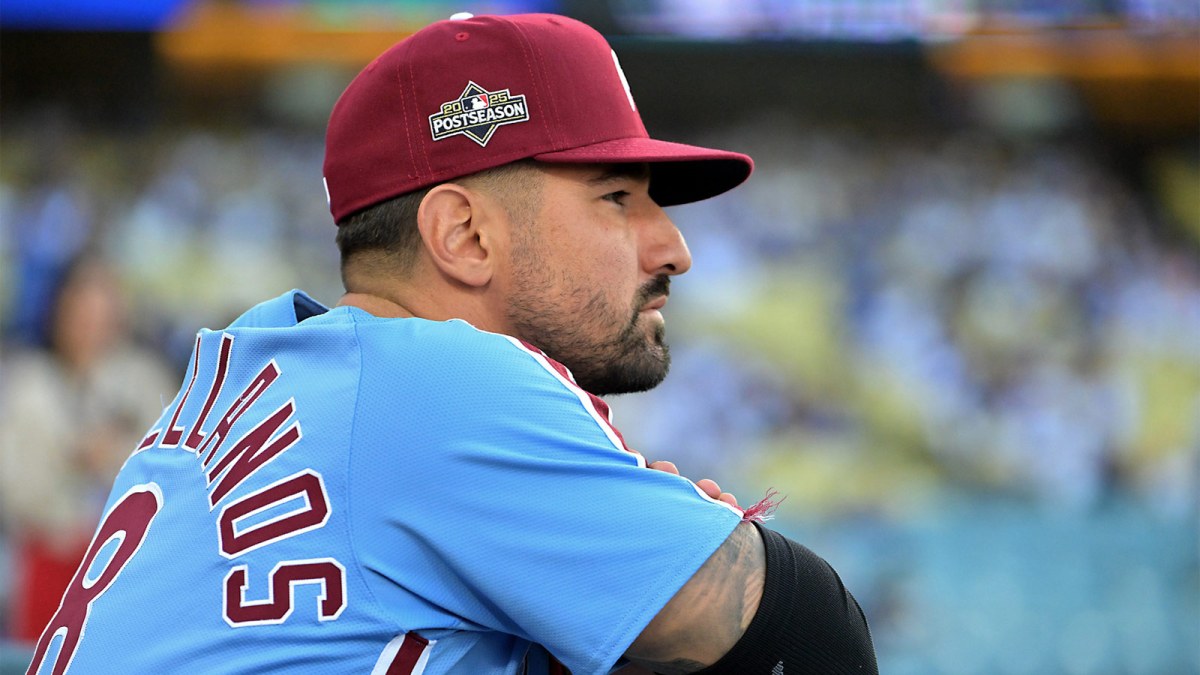 Philadelphia Phillies right fielder Nick Castellanos (8) looks on from the dugout during game three of the NLDS of the 2025 MLB playoffs against the Los Angeles Dodgers at Dodger Stadium.