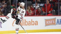 Chicago Blackhawks left wing Nick Foligno (17) celebrates after scoring the game winning goal against the Washington Capitals in a shootout at Capital One Arena.
