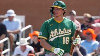 Athletics first baseman Nick Kurtz (16) in the first inning against the San Francisco Giants at Scottsdale Stadium.