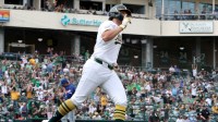 Athletics first baseman Nick Kurtz (16) reacts after hitting a two-run home run against the Kansas City Royals during the eighth inning at Sutter Health Park.