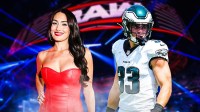 WWE Hall of Famer Nikki Bella and Philadelphia Eagles cornerback Cooper DeJean with Monday Night RAW background.