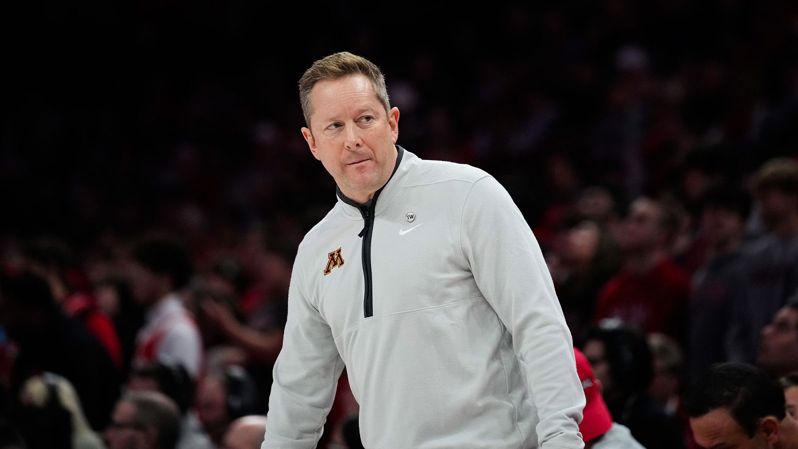 Minnesota Golden Gophers head coach Niko Medved reacts in the first half of the NCAA basketball game at Value City Arena on Tuesday, Jan. 20, 2026 in Columbus, Ohio.