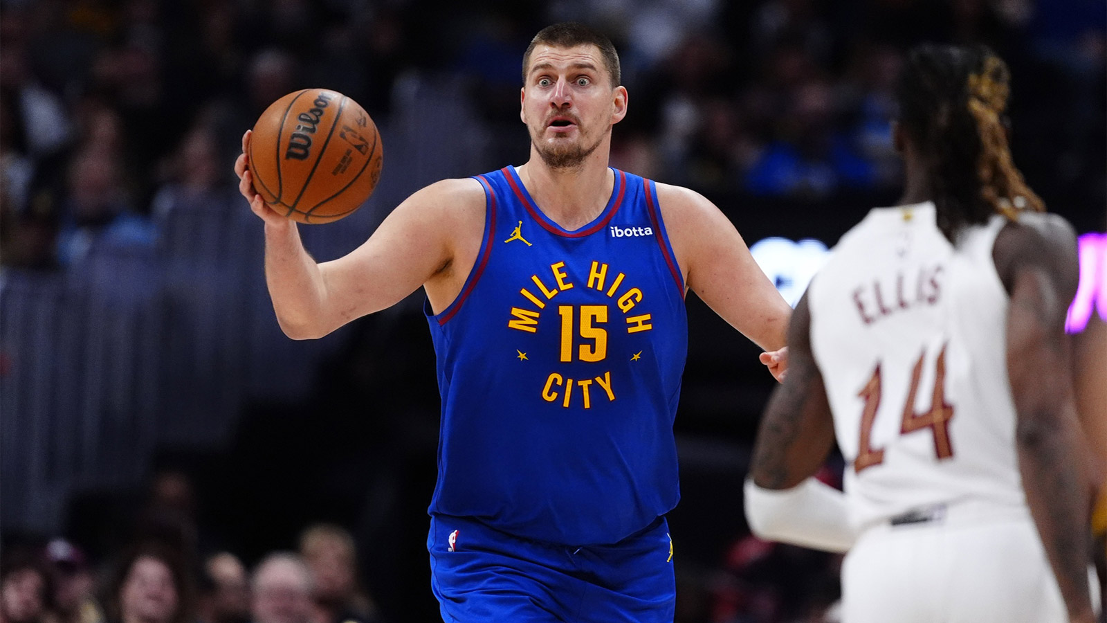  Denver Nuggets center Nikola Jokic (15) reacts in the second quarter against the Cleveland Cavaliers at Ball Arena. 