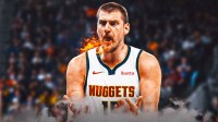 Nikola Jokic looking extremely angry and yelling with fire coming out of his mouth Denver Nuggets