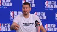 Team World center Nikola Jokic (15) of the Denver Nuggets during a news conference for the NBA All Star game at Intuit Dome.