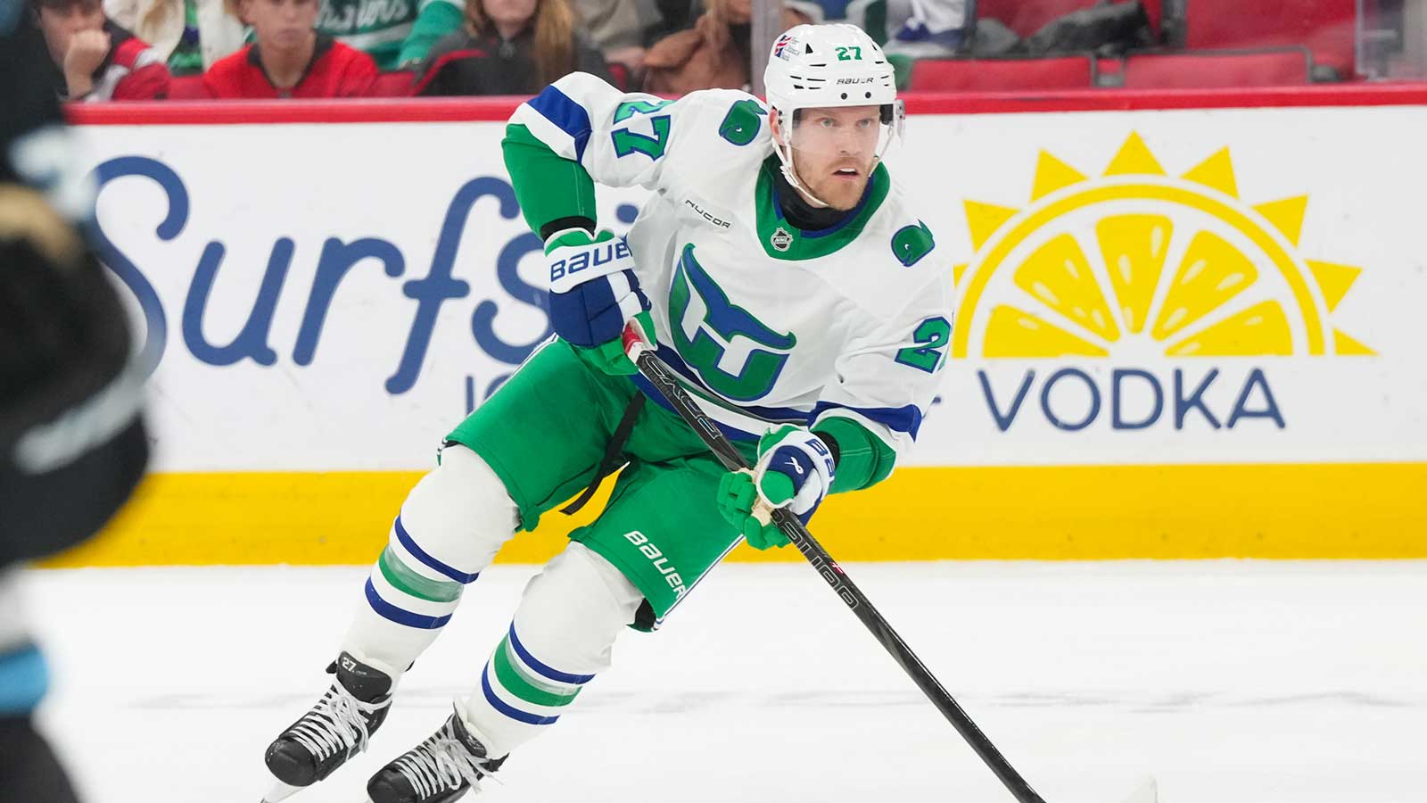 Carolina Hurricanes left wing Nikolaj Ehlers (27) skates with the puck against the Utah Mammoth during the first period at Lenovo Center.
