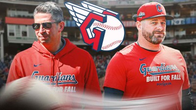 2025 image of Progressive Field in background. Guardians GM Mike Chernoff on left, Guardians Manager Stephen Vogt on right. Cleveland Guardians 2026 logo in middle.