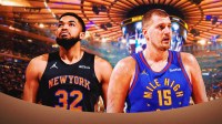 Nikola Jokic on one side, Karl-Anthony Towns on the other side, Madison Square Garden in the background