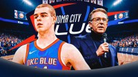 Thunder prospect Nikola Topic shooting a 3 with the Oklahoma City Blue logo in the background with Thunder GM Sam Presti in the background