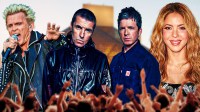 Liam and Noel Gallagher of Oasis in between Billy Idol and Shakira, who are all nominated for the 2026 Rock & Roll Hall of Fame class.