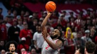 Ohio State Buckeyes guard Bruce Thornton (2) shoots the ball against the Wisconsin Badgers in the second half of the NCAA game at Value City Arena on Tuesday, Feb. 17, 2026 in Columbus, Ohio.