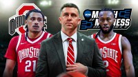 Ohio State HC Jake Diebler (center) with Ohio State PG Bruce Thornton and Ohio State F Devin Royal. Ohio State Buckeyes logo and March Madness logo behind them.
