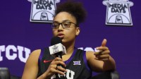 TCU's Olivia Miles speaks to media during Big 12 Womenís Basketball Media Day at T-Mobile Center.