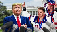 USA President Donald Trump with Matthew Tkachuk, White House in the background